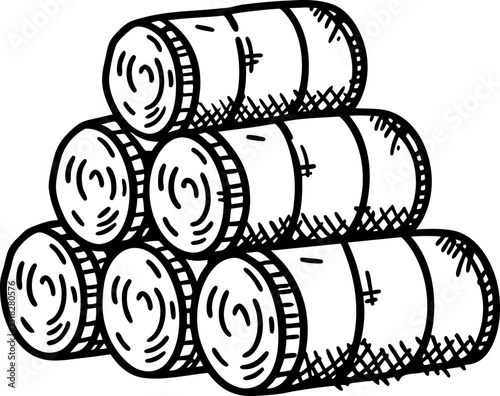 Stacked cylindrical hay bales in hand drawn sketch harvest concept, rural agriculture bundle illustration