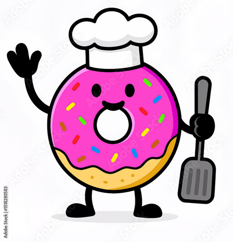 Playful pink strawberry donut character with rainbow sprinkles, chef hat, and spatula. Ideal for cooking, sweets, and bakery projects.