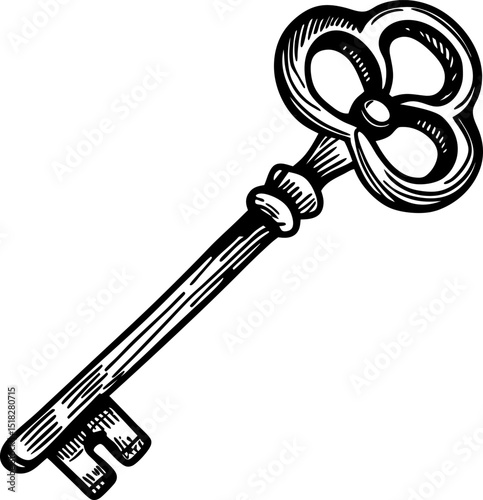 Vintage skeleton key illustration hand drawn antique metal object with ornate bow and shaft, classic retro design