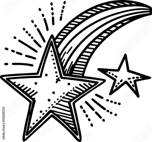 Shooting star with radiant burst and sparkling light trail celestial icon, cosmic symbol, black and white illustration