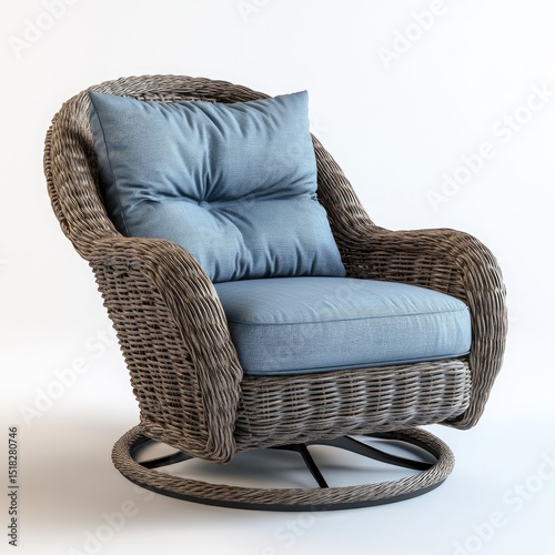 Gray wicker swivel chair with light blue cushions. photo