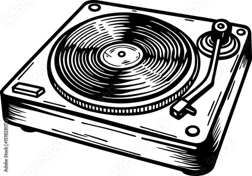 Vintage record player turntable illustration retro musical device with vinyl disc, classic audio entertainment equipment