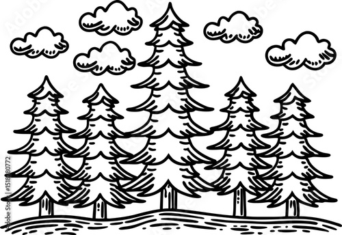 Stylized evergreen pine forest landscape with fluffy clouds black and white hand drawn nature illustration