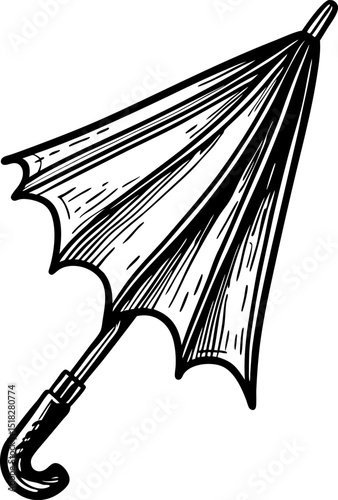 Closed umbrella illustration with curved handle black and white vintage sketch style, rainy weather accessory