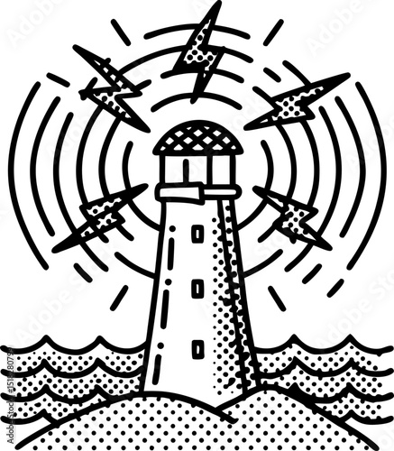 Lighthouse beacon emitting signal waves guiding tower on rocky shore with stylized ocean and lightning bolts