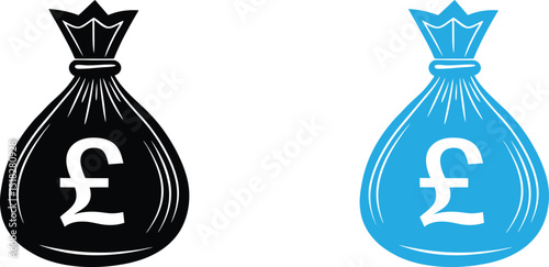 Money bag icon in black and blue with pound sterling symbol