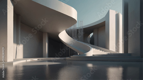 "Abstract futuristic minimal interior with smooth, flowing architectural curves, soft pastel tones, and a serene water feature—evoking calmness, elegance, and modern artistic  technology design"