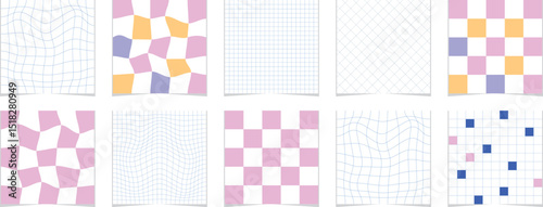 Set of warped geometric posters with grids and colorful checkers. Trendy abstract backgrounds for digital projects, fashion, or art