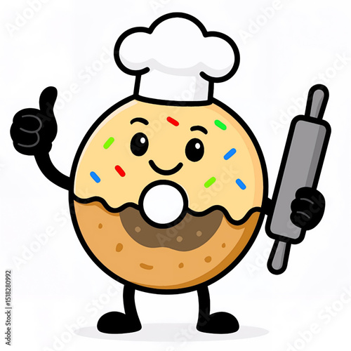 Adorable vanilla donut character with colorful sprinkles, wearing a white chef hat and holding a rolling pin. Perfect for bakery, pastry, and food-themed designs.