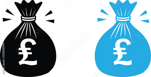 British pound money bag icon, black and blue.