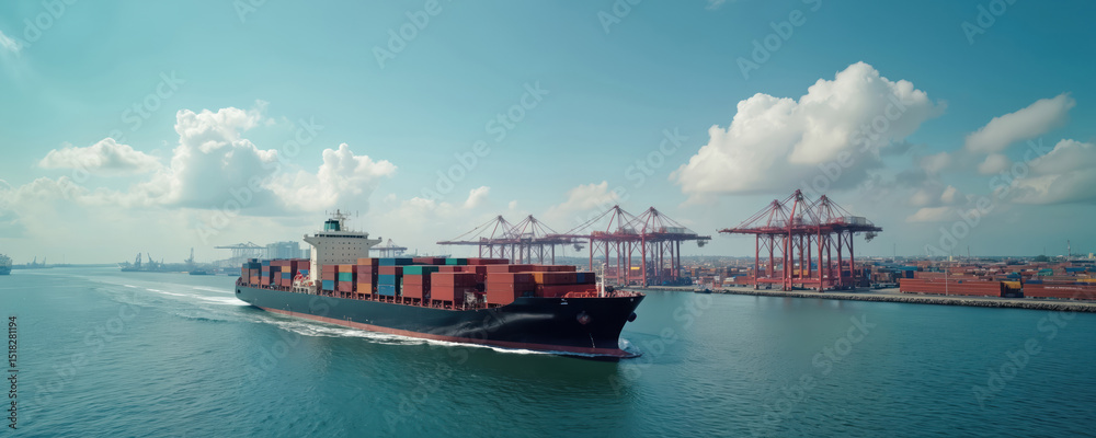 Obraz premium Aerial view container ship at industrial port. Cargo vessel transports containers, global business logistics, international import export trade, worldwide freight shipping. Cranes load unload cargo.