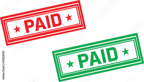 Red and green paid stamps are graphic design elements.