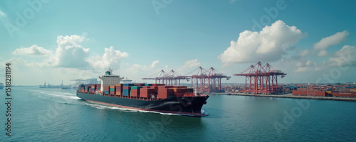 Aerial view container ship at industrial port. Cargo vessel transports containers, global business logistics, international import export trade, worldwide freight shipping. Cranes load unload cargo.