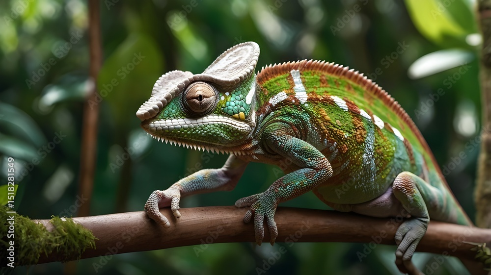 Fototapeta premium Colorful Chameleon on a Leafy Branch