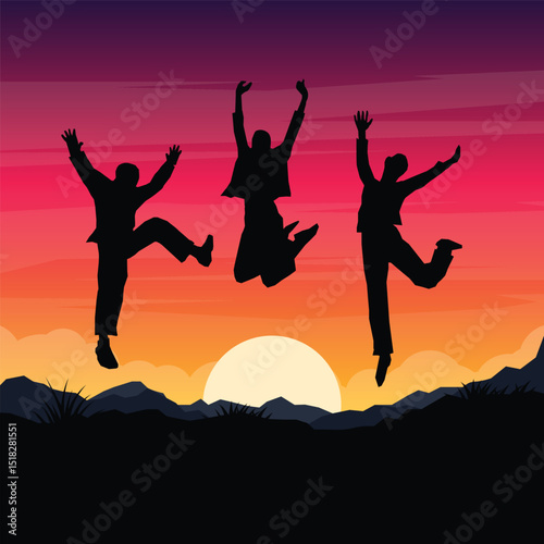 friend celebrating success on top of a mountain in a majestic sunset.Teamwork, Helps,Success, winner and Leadership.