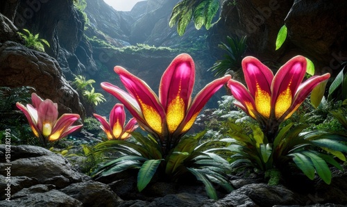 Glowing plants illuminate a jungle cave; fantasy background, game asset