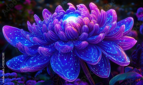 Glowing purple chrysanthemum, vibrant garden, night scene, fantasy art, phone wallpaper