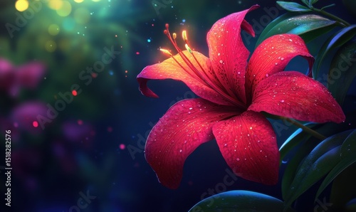 Glowing red lily, garden night, dew drops, bokeh background; greeting card