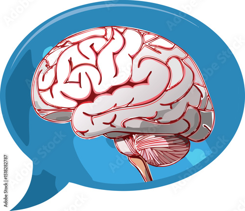 AI Brain Talking in Speech Bubble – Digital Neural Network Vector Illustration