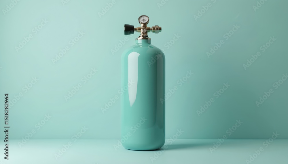 Obraz premium Oxygen cylinder isolated on solid turquoise background. Portable oxygen tank for mobile emphysema, COPD, asthma patients. Medical device for respiratory support. Compressed gas cylinder for treatment.