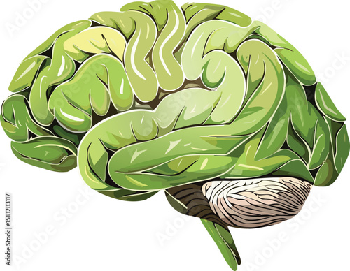 Leafy Brain with Radiating Light Rays – Eco-Intelligence Concept Illustration