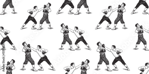 Seamless pattern of hand drawn retro boxers fighting, athletes sports men, vector background, paper, wallpaper