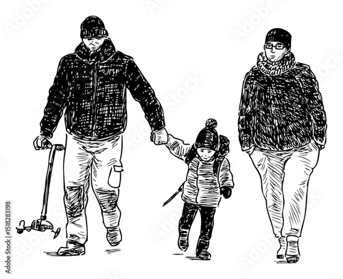 Sketch of casual citizens family, parents with little child walking outdoors, realistic hand drawn vector illustration