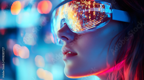 Woman wearing vr headset virtual reality glasses metaverse technology futuristic digital world experience