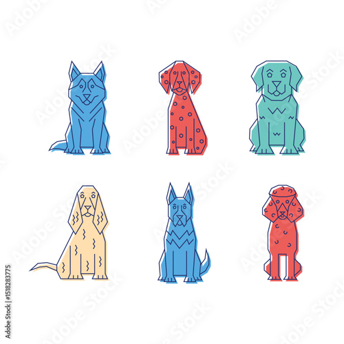 Colourful Dog Breeds Illustration – Geometric poodle, dachshund, husky, golden retriever, german shepherd, dalmatian– Modern Pet Art in Bold Minimalist Style