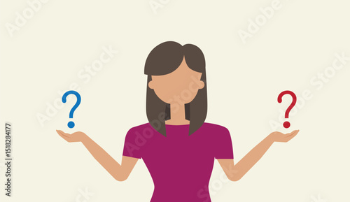 Make choice, decision concept. Business woman doubting, deciding