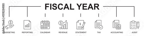 fiscal year banner web icons vector illustration on white background with icons of budgeting, reporting, calendar, revenue, statement, tax, accounting, audit, editable stroke 