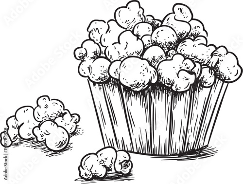 Popcorn food sketch engraving vector illustration. Scratch board style imitation. Black and white hand drawn image.