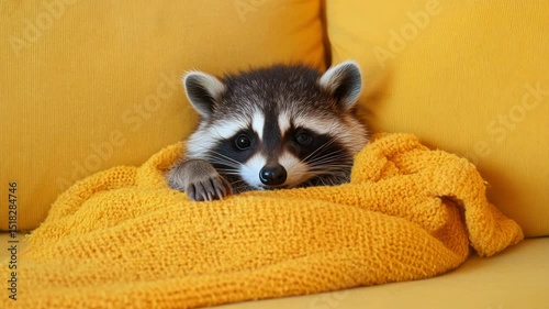 A raccoon nestled in a warm yellow blanket on a mustard yellow couch