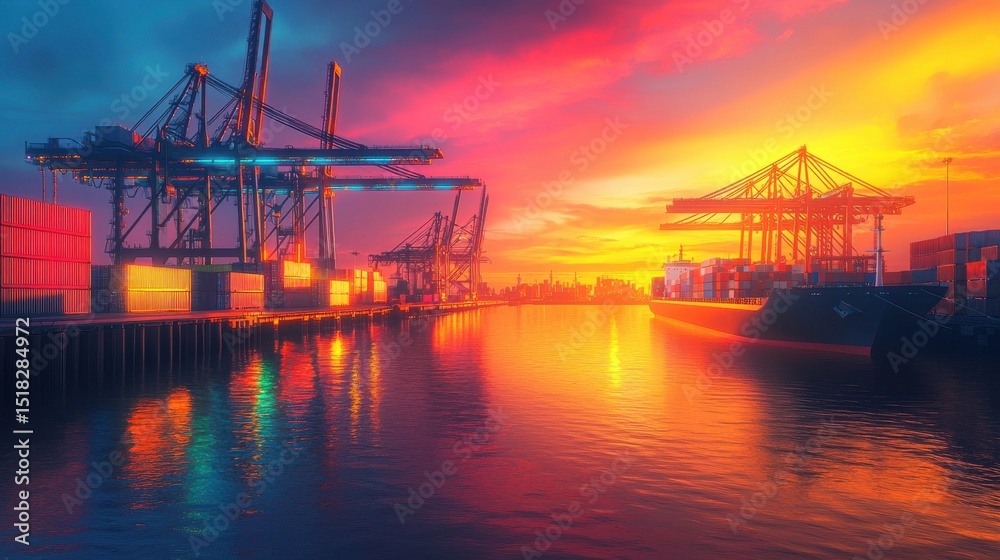 Obraz premium Dramatic sunset colors illuminate the skyline of a busy port filled with cargo containers and cranes reflecting on the calm waters of the harbor