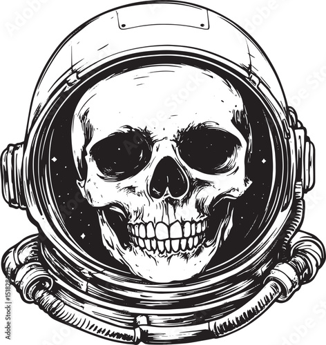 Human skull astronaut helmet sketch engraving vector illustration. Scratch board style imitation. Hand drawn image.