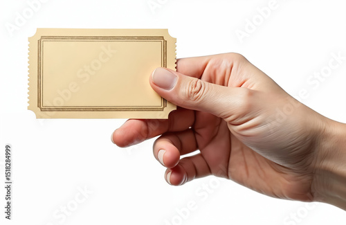 Hand holding blank ticket isolated on white background. Person holds ticket in hand. Concept of opportunity, travel, event, winning, success, coupon, invitation, business, gift, promotion.