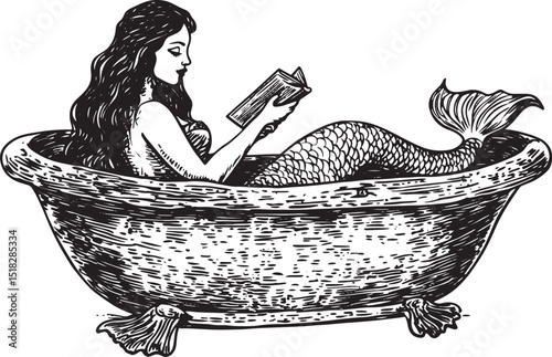 Mermaid reading book in bath sketch engraving vector illustration. Scratch board style imitation. Black and white hand drawn image.