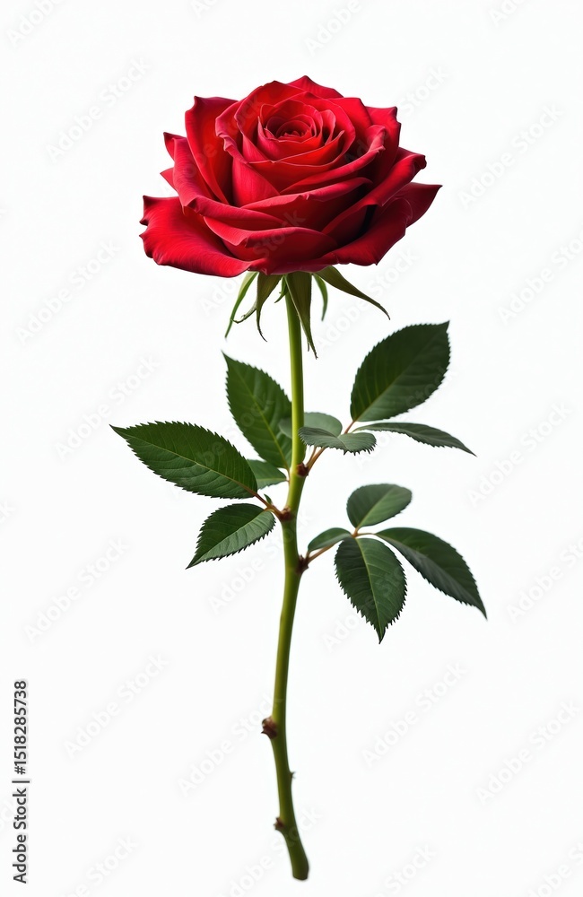 Fototapeta premium Red rose flower with green leaves and stem against white background. Elegant floral arrangement. Perfect for romantic occasions, weddings. Ideal for design and greeting cards.