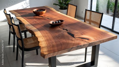 Elegant modern dining table with live edge and rattan chairs in light filled room