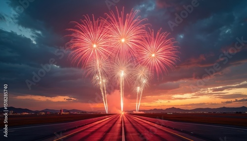Spectacular fireworks explode above airport runway at sunset. Pyrotechnic display illuminates twilight sky. Festive celebration event at aerodrome, aviation background. Evening colorful performance