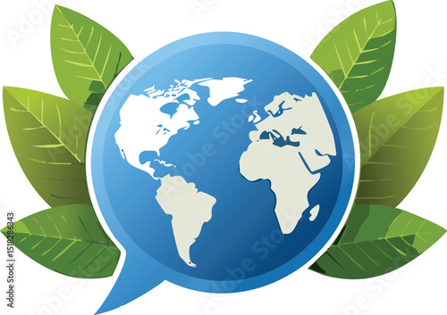 Earth Inside a Speech Bubble with Surrounding Leaves – Green Communication Symbol