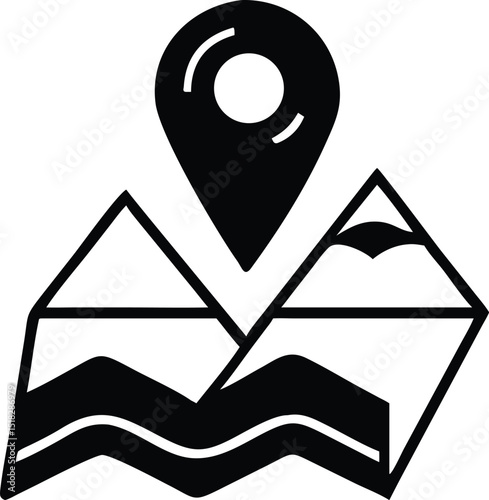 Black Silhouette Icon of Mountains and Navigation Pinpointing the Spot on a White Background