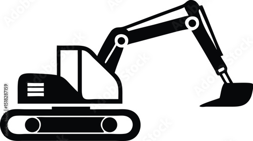 Simple Black and White Excavator Illustration of Heavy Construction Equipment
