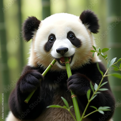 Cheerful panda eating bamboo
