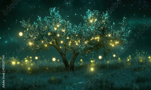 Illuminated tree in night field, glowing lights, fantasy background, magical scene