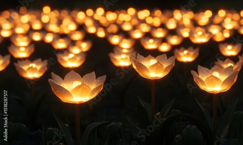 Illuminated tulip field at night; soft focus background, perfect for greeting cards