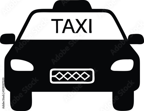 Isolated Front View of a Black Taxi Car Silhouette with White Background Illustration