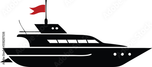 Silhouette of a Luxury Motor Yacht with a Red Flag on a White Background