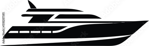 Black Silhouette Illustration of a Luxury Yacht on White Background, Modern Design
