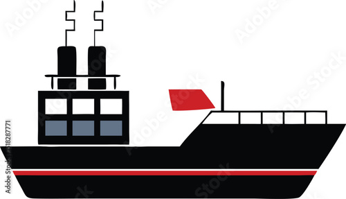 Black and Red Ship Illustration with Smokestacks and Red Flag on a White Background